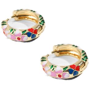 Vintage Enamel Flower Small Hoop Earrings Retro Japanese Style Flowers Ear Clip-on for Women Delicate Jewelry Mother's Day Gift (F green)