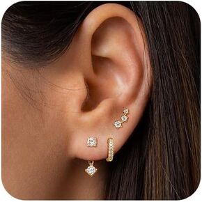 LEXODY Gold Earrings Set for Women, Dainty 14K Real Gold Stud Hoops Earrings Sets Double Piercing Earring For Two Holes Multiple Earrings Jewelry for Women