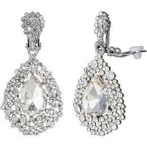 Full Crystal Hollow Tear Drop Statement Clip on Earrings for Women