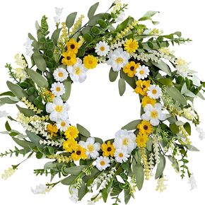 Artificial Spring Wreath 22 Inch Spring Wreaths for Front Door Summer Wreath with White Yellow Daisy Lavender and Green Leaves for Wall Porch Farmhouse Party Easter Celebration