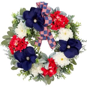 24 Inch Patriotic 4th of July Wreath for Front Door, Red White Blue Flower Summer Wreath with USA Flag Printed Bow, Handcrafted Memorial Day Independence Day American Home Decor