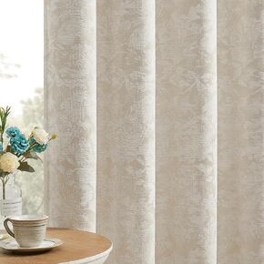 Beauoop Beige Floral Jacquard Blackout Stretains 84 بوصة طويلة 2 لوحين لغرفة النوم غرفة المعيشة روكب زهرة تشنيل الغامق معزول حراري معزول الصوتية.