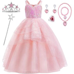 Girls Pink Good Witch Costume for Kids Pink Bubble Tulle Dress with Accessories 7Pcs
