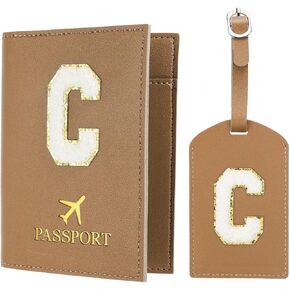 PATIKIL Passport Holder for Travel, Initial Passport Cover and Luggage Tag Set with Alphabet Chenille Letter Patch Travel Wallet Bag Suitcase Identifier for Women Family Travel Brown C