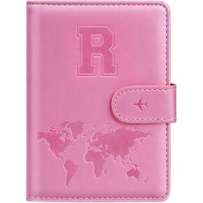 Passport Holder Cover Initail Letter A-Z Travel Wallet 16D Embossed Design RFID Blocking Card Holder Personalized Gift Passport Cover Wallet, Passport Book Holders for Women and Girls, Pink-R
