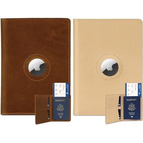 2 Pack Airtag جواز سفر حامل للرجال والنساء السفر ، محفظة جواز سفر من الجلد الحقيقي ، قضية تغطية جواز سفر مصنوعة يدويًا مع فتحة Airtag ، هدايا السفر ، Brown & Beige