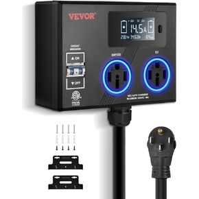 VEVOR NEMA Splitter for Dryer and EV, 3-Color LED Indicator, 240V Smart Power Distribution, with NEMA 14-50 Plug, Two NEMA 14-50 Outlets, 3.4'' LCD Screen, Max 44A (Dryer)/40A (EV), ETL Certified