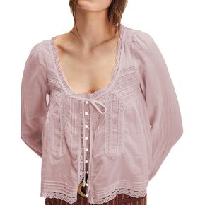 Women Tie Front Long Sleeve Top Lace Trim Button Shirt Square Neck Loose Blouse Going Out Y2k Coquette Clothes