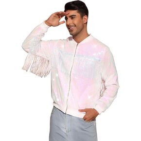 Lars Amadeus Shiny Tassel Jacket for Men's Zipper 70s Disco Sparkly Sequins Baseball Bomber Jackets