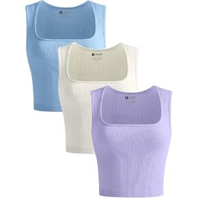 OLCHEE Womens 3 Pack Crop Tank Tops Seamless Ribbed Square Neck Tapered Shoulder Strap Sleeveless Workout Top Summer Shirts