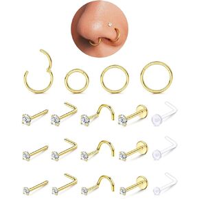 14K حلقات أنف مملوءة بالذهب أزرار الأطواق للنساء الرجال: 20G 18G 316L جراحة الفولاذ المقاوم للصدأ الجراحي المصنوع من الفولاذ المقاوم للصدأ المسمار المحاكاة L.