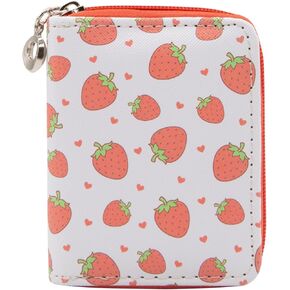 LJCZKA Credit Card Holder for Women Strawberry Small Cute Card Case Leather Wallet with Zipper Accordion Organizer Coin Purse (White)