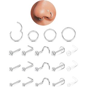 14K Gold Filled Nose Rings Studs Hoops for Women Men: 20G 18G 316L Surgical Stainless Steel Hypoallergenic Dainty Simulated Diamond L Shaped/Corkscrew/Straight/Push Back Nostril Piercing Jewelry in Saudi Arabia