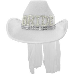 Nicky Bigs Novelties White Bride to Be Cowgirl Hat with Veil – Bachelorette Party Supplies, Bridal Shower, Western Wedding, Country Theme, Nashville Outfit, Rodeo, Disco, Hoedown, Hen Night Accessory