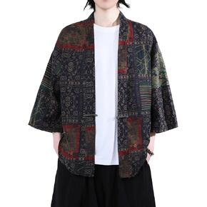 PRIJOUHE Men's Cotton Linen Kimono Jacket Lightweight Open Front Kimono Cardigan Japanese 3/4 Sleeve Yukata Coat