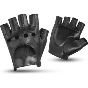 KEMIMOTO Fingerless Gloves Sheepskin Leather Gloves Motorcycle Motorbike Riding Driving Gloves Half Finger Unlined Glove for Men Women Black