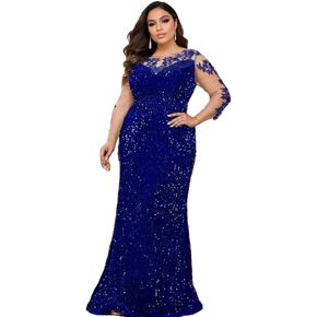 Women's Plus Size Velvet Sequin Long Sleeve Lace Floral Cocktail Party Evening Dress