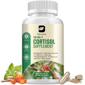 Cortisol Supplements for Women, 10-in-1 Cortisol Reducer Manager Supplements with Ashwagandha, Magnesium Glycinate, L-Theanine, Rhodiola, Non-GMO, 60 Vegan Capsules