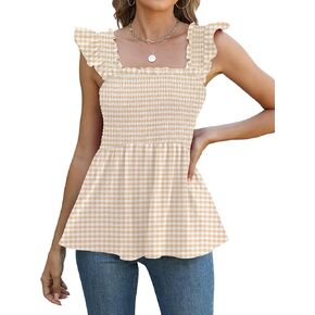 LOMON Womens Tank Tops Fashion Summer Ruffle Flying Sleeve Smocked Blouses Square Neck Sleeveless Shirts Babydoll Shirt