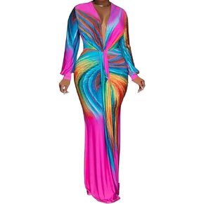 LAJIOJIO Long Sleeve Maxi Dresses for Women,Casual Ruched Deep V Neck Tummy Control Maxi Long Dress
