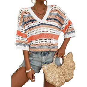 FEKOAFE Women's 2025 Spring Striped Color Block Short Sleeve Knit Sweaters Fashion V Neck Hollow Out Pullovers Tops