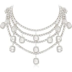Flyonce Vintage Rhinestone Layered Crunky Necklace ، Glitter Crystal Assume Dite Bib Dchoker Necklace for Women