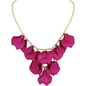 Hot Pink Flower Necklace for Women Statement Floral Pendant Necklace Rose Petals Tassel Chain Necklace Romantic Jewelry Accessories