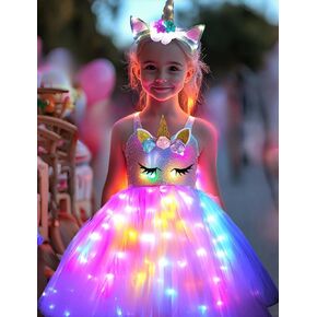 SHINYOU Girls Unicorn Costume, Rainbow Unicorn Dress, LED Light Up Unicorn Tutu with Wing for Halloween Birthday Gift