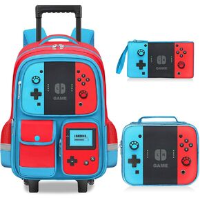 Kids Rolling Backpack for Boys - 3PCS Gamer Boys Rolling Backpack with Lunch Box Set, Wheeled Travel Bookbag for Elementary Middle School, Lightweight Roller School Bag