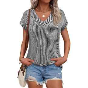 Saodimallsu Womens V Neck Short Sleeve Sweater Summer Lightweight Cap Sleeve Casual Loose Knit Pullover Tank Tops
