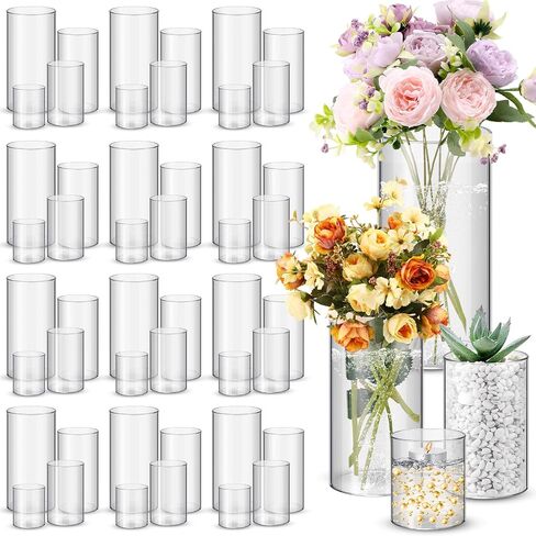 Nuogo 24 Pcs Plastic Cylinder Vases Tall Clear Flower Vases for Centerpieces Hurricane Candle Holder for Home Wedding Office Party Formal Dinners Decorations (4''/6''/8'') in Saudi Arabia