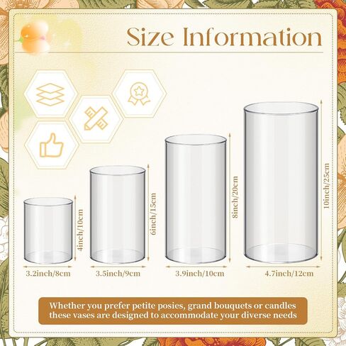 Nuogo 24 Pcs Plastic Cylinder Vases Tall Clear Flower Vases for Centerpieces Hurricane Candle Holder for Home Wedding Office Party Formal Dinners Decorations (4''/6''/8'') in Saudi Arabia