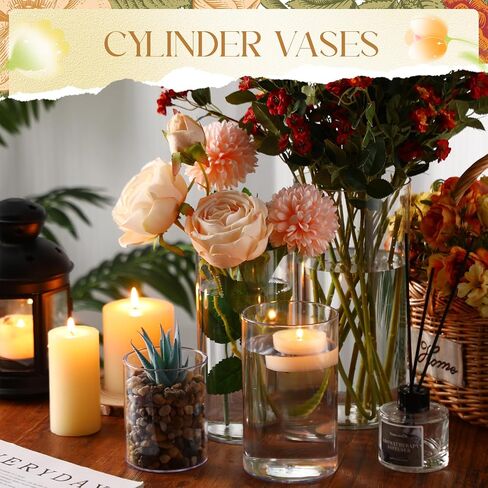 Nuogo 24 Pcs Plastic Cylinder Vases Tall Clear Flower Vases for Centerpieces Hurricane Candle Holder for Home Wedding Office Party Formal Dinners Decorations (4''/6''/8'') in Saudi Arabia