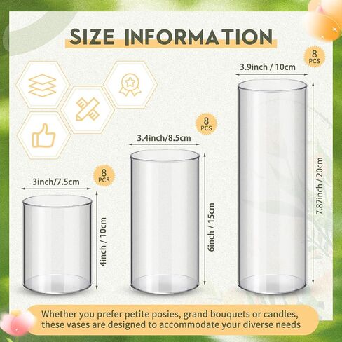Nuogo 24 Pcs Plastic Cylinder Vases Tall Clear Flower Vases for Centerpieces Hurricane Candle Holder for Home Wedding Office Party Formal Dinners Decorations (4''/6''/8'') in Saudi Arabia