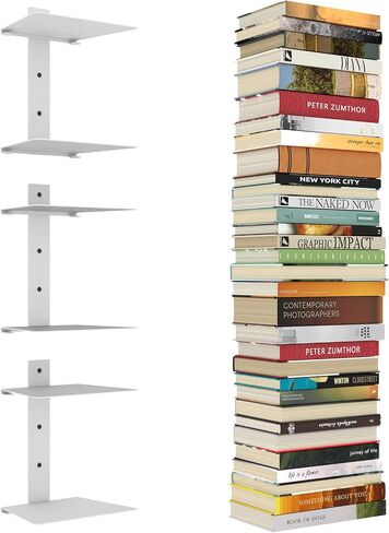 Invisible Floating Bookshelves for Wall, 6 Tier Vertical Spine Book Tower, Heavy Duty Floating Book Shelves Metal Book Organizers for Home Office, 3 Pack(White) in Saudi Arabia
