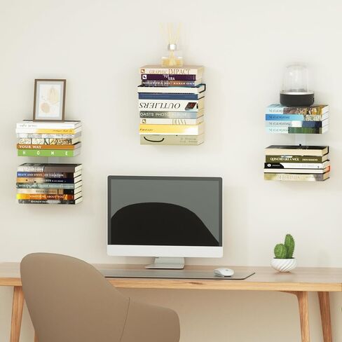 Invisible Floating Bookshelves for Wall, 6 Tier Vertical Spine Book Tower, Heavy Duty Floating Book Shelves Metal Book Organizers for Home Office, 3 Pack(White) in Saudi Arabia