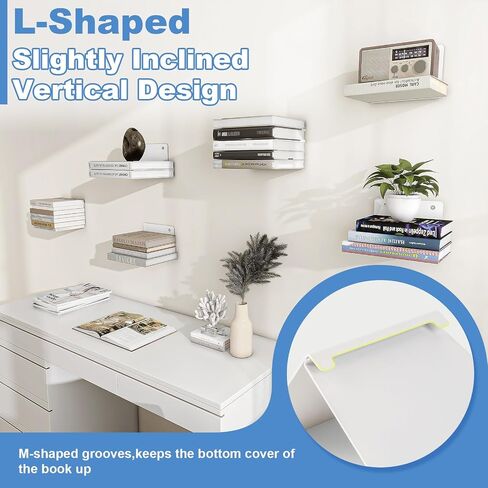 Fentec Invisible Floating Bookshelf, Wall Mounted Floating Bookshelves Heavy-Duty Book Organizers Hidden Book Shelf Metal Shelves Holder for Books Storage Bedroom Living Room Home Office, 4-Pack White in Saudi Arabia