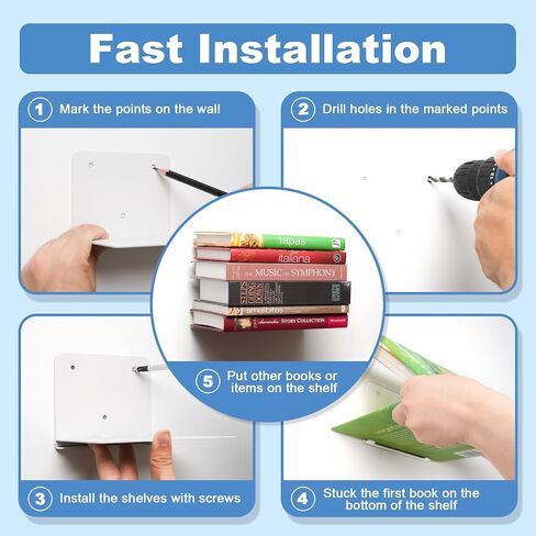 Fentec Invisible Floating Bookshelf, Wall Mounted Floating Bookshelves Heavy-Duty Book Organizers Hidden Book Shelf Metal Shelves Holder for Books Storage Bedroom Living Room Home Office, 4-Pack White in Saudi Arabia