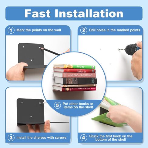 Fentec Invisible Floating Reshelflesh ، جدار مكتبة عائمة أرفف الكتب الثقيلة منظمي الكتب المخفية رفوف رفوف المعادن الحامل للكتب غرفة نوم غرفة المعيش in Kuwait