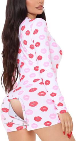 icnglksnd نساء مثير الأكمام الطويلة bodycon بذلة قصيرة بعقب رفرف زر الرومبير لأعلى قطعة واحدة عيد الحب ملابس النوم in Kuwait