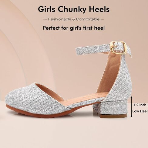 Mei MACLEOD Girls Dress Shoes Sparkly Princess Low Heel Shoes Chunky Heels with Ankle Strap for Wedding Holiday Party in Saudi Arabia