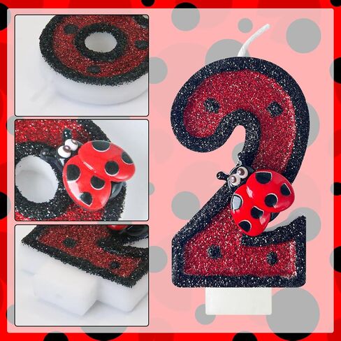 Ladybug Number 2 Birthday Candles - Red & Black Polka Dots Birthday Candles for Cake, 2 Candle for Ladybird Theme Cake Topper, Boys Girls Kids Insect Party Decorations Gifts (No.2) in Saudi Arabia