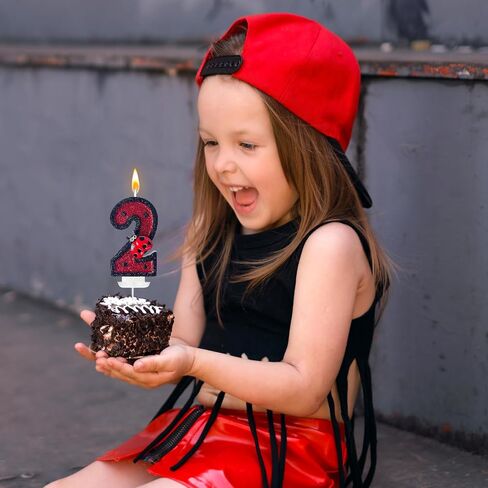Ladybug Number 2 Birthday Candles - Red & Black Polka Dots Birthday Candles for Cake, 2 Candle for Ladybird Theme Cake Topper, Boys Girls Kids Insect Party Decorations Gifts (No.2) in Saudi Arabia