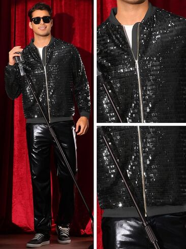 Lars Amadeus Sequin Varsity Jackets for Men's Zipper Festival Disco Sparkly Shiny Baseball Bomber Jacket in Kuwait