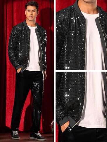 Lars Amadeus Sequin Varsity Jackets for Men's Zipper Festival Disco Sparkly Shiny Baseball Bomber Jacket in Kuwait