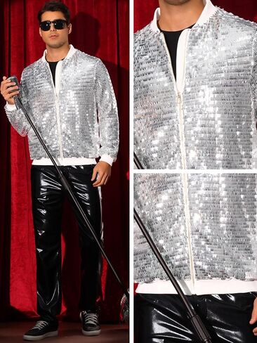 Lars Amadeus Sequin Varsity Jackets for Men's Zipper Festival Disco Sparkly Shiny Baseball Bomber Jacket in Kuwait