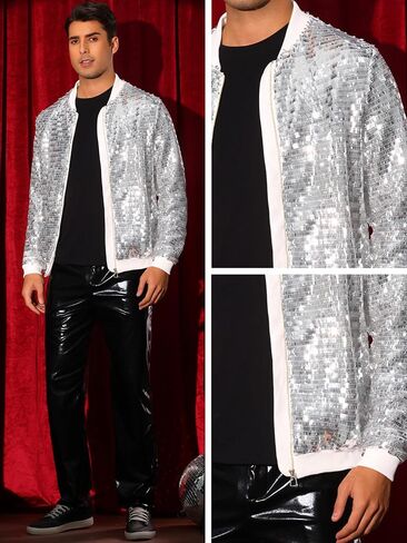 Lars Amadeus Sequin Varsity Jackets for Men's Zipper Festival Disco Sparkly Shiny Baseball Bomber Jacket in Kuwait