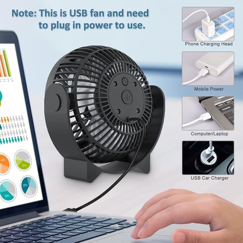 مراوح مكتب WiHoo USB بمقبس كهربائي صغير هادئ، مروحة صغيرة لتبريد سطح المكتب بثلاث سرعات مع أضواء ليلية LED، مروحة مكتب صغيرة تدور 360 درجة للمكتب المنزلي وطاولة المكتب 5.3 بوصة (T5-08) in Saudi Arabia