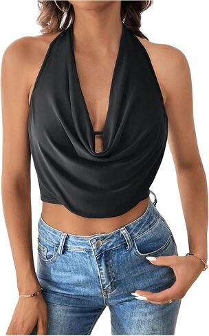SOLY HUX Women's Halter Draped Front Tank Top Sexy Backless Going Out Crop Vest Tops in Saudi Arabia