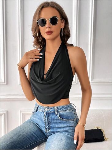 SOLY HUX Women's Halter Draped Front Tank Top Sexy Backless Going Out Crop Vest Tops in Saudi Arabia